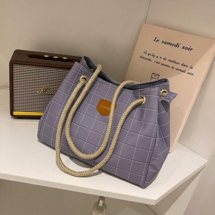 Check Pattern Large Capacity Canvas Tote Bag - Image 3