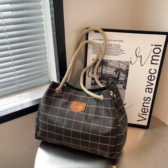 Check Pattern Large Capacity Canvas Tote Bag - Image 4